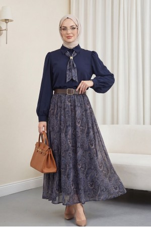 Boydan Düğmeli Kolları Büzgü Detay Eteği Etnik Desenli Takım -K.Laci