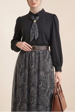 Boydan Düğmeli Kolları Büzgü Detay Eteği Etnik Desenli Takım -Siyah