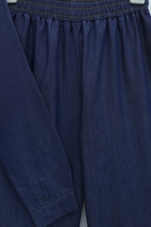 Tencel Denim Set with Brooch, Belt, and Rhinestone Buttons -Navy blue