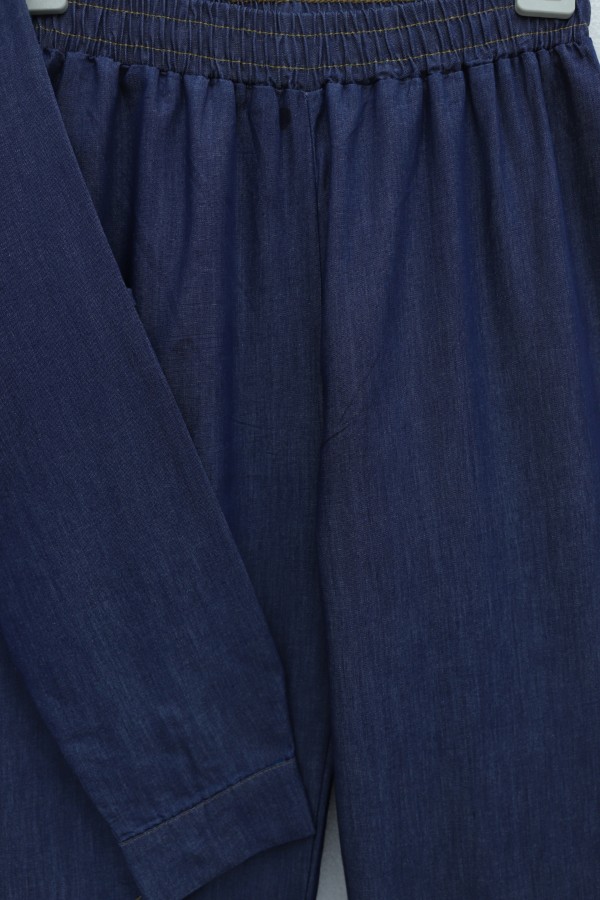Tencel Denim Set with Brooch, Belt, and Rhinestone Buttons -Navy blue
