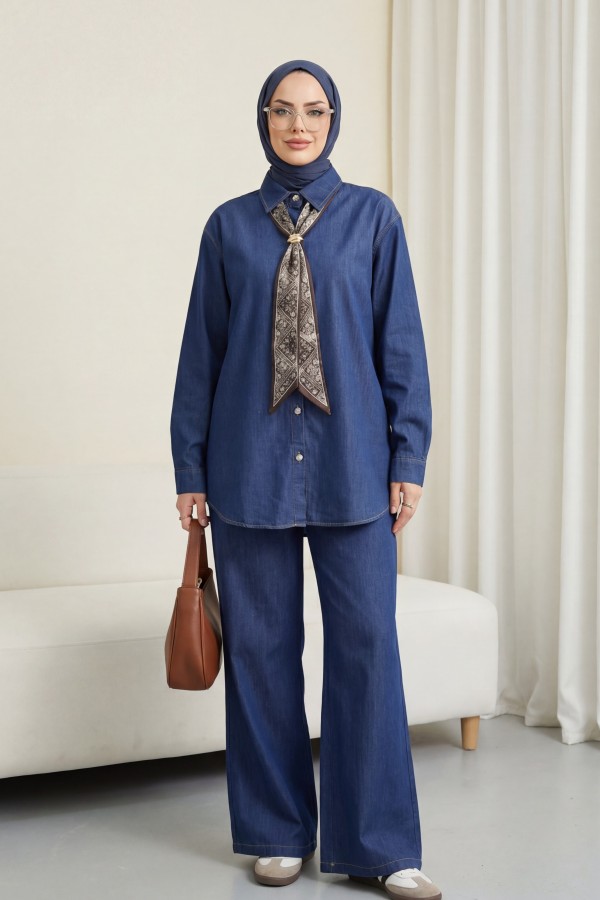 Tencel Denim Set with Brooch, Belt, and Rhinestone Buttons -Navy blue