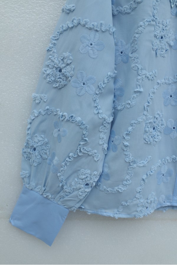 Mira Shirt with Floral Embroidery and Ruffles and Buttons -Baby Blue