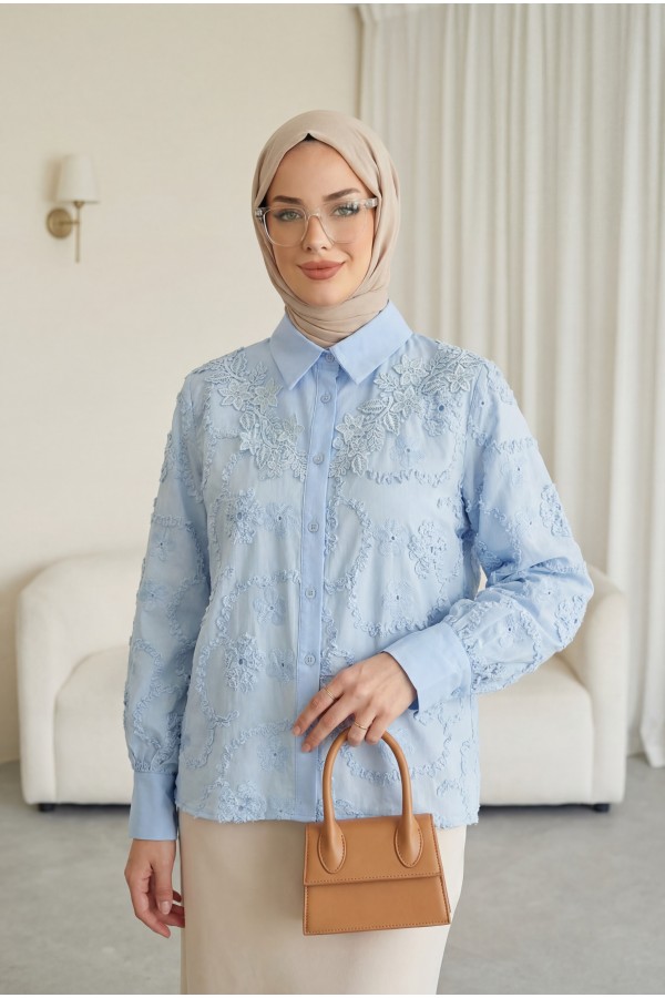Mira Shirt with Floral Embroidery and Ruffles and Buttons -Baby Blue