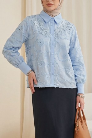 Çiçek Nakışlı Fistolu Düğmeli Mira Gömlek -Bebe Mavi