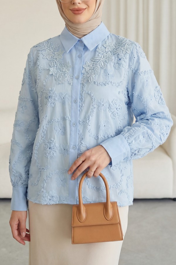 Mira Shirt with Floral Embroidery and Ruffles and Buttons -Baby Blue