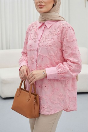 Çiçek Nakışlı Fistolu Düğmeli Mira Gömlek -Pembe