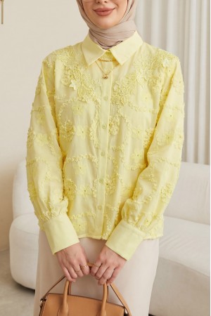 Çiçek Nakışlı Fistolu Düğmeli Mira Gömlek -Sarı