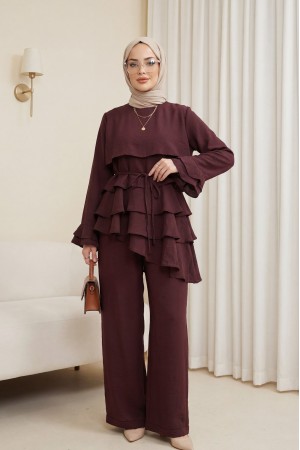 Asymmetrical Layered Detail Lace-Up Trousers Lined Cupra Set -Maroon