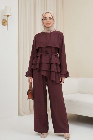 Asymmetrical Layered Detail Lace-Up Trousers Lined Cupra Set -Maroon