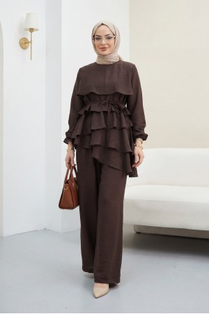 Asymmetrical Layered Detail Lace-Up Trousers Lined Cupra Set -Brown