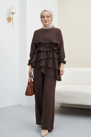 Asymmetrical Layered Detail Lace-Up Trousers Lined Cupra Set -Brown