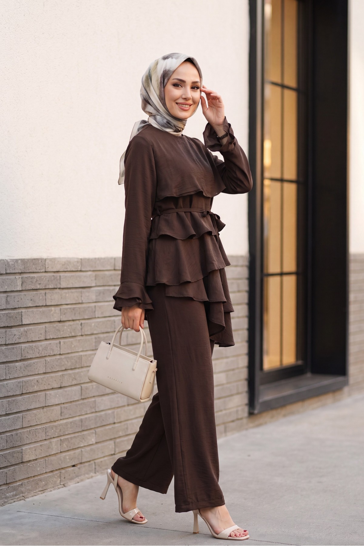 Asymmetrical Layered Detail Lace-Up Trousers Lined Cupra Set -Brown