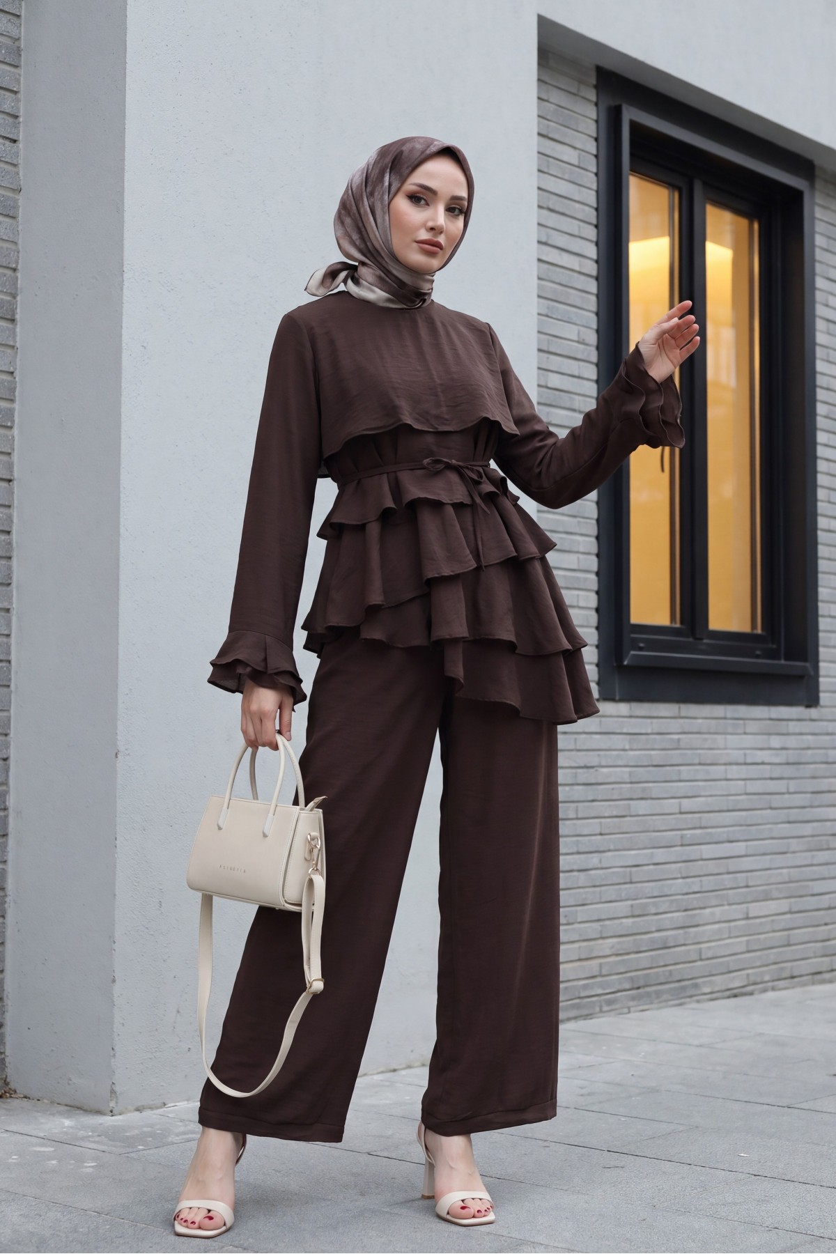 Asymmetrical Layered Detail Lace-Up Trousers Lined Cupra Set -Brown