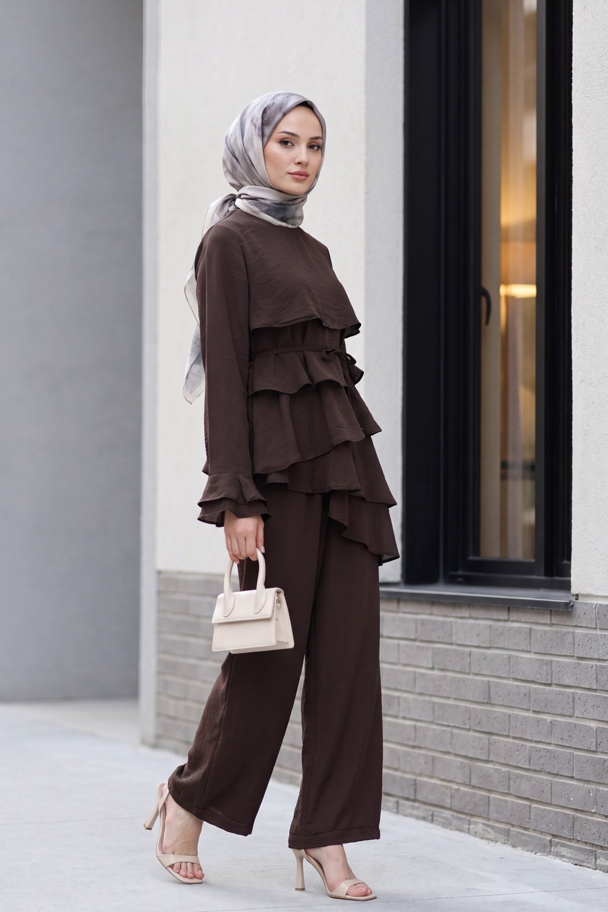 Asymmetrical Layered Detail Lace-Up Trousers Lined Cupra Set -Brown