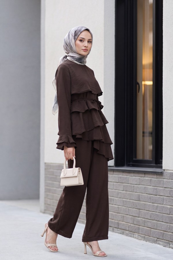 Asymmetrical Layered Detail Lace-Up Trousers Lined Cupra Set -Brown