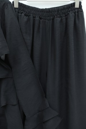 Asimetrik Kat Detaylı Bağcıklı Pantolonu Astarlı Cupra Takım  -Siyah