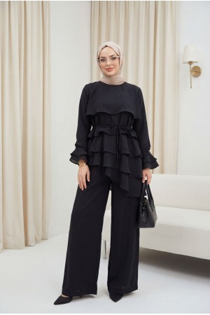 Asimetrik Kat Detaylı Bağcıklı Pantolonu Astarlı Cupra Takım  -Siyah