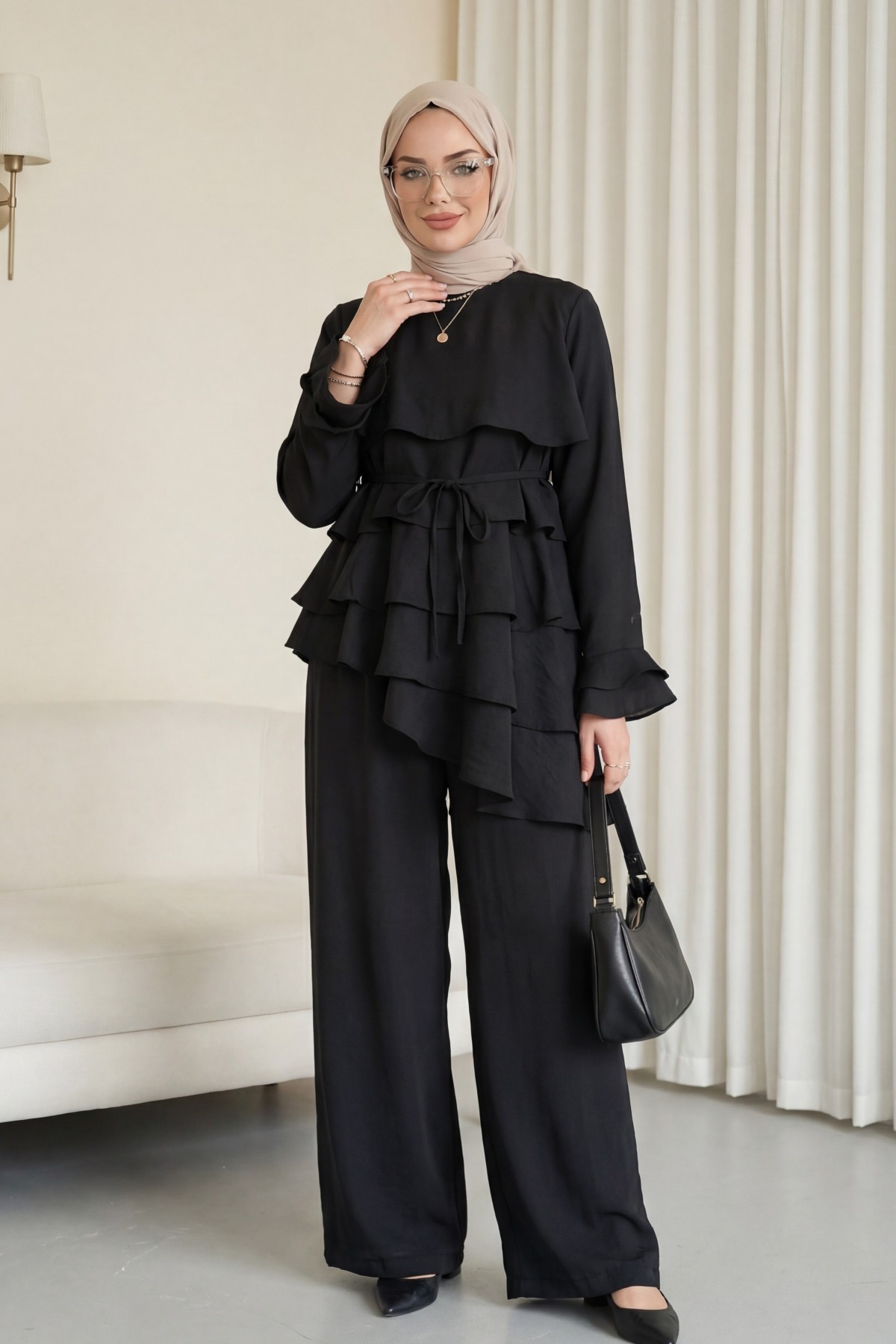 Asymmetrical Layered Detail Lace-Up Trousers Lined Cupra Set -Black detay görseli