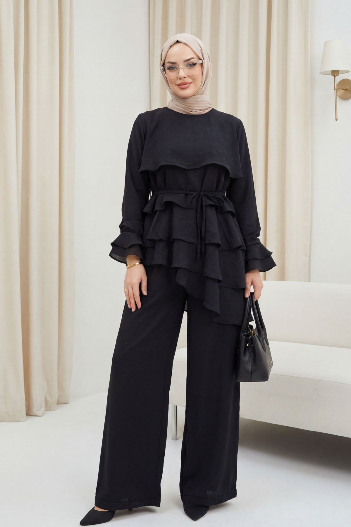 Asymmetrical Layered Detail Lace-Up Trousers Lined Cupra Set -Black