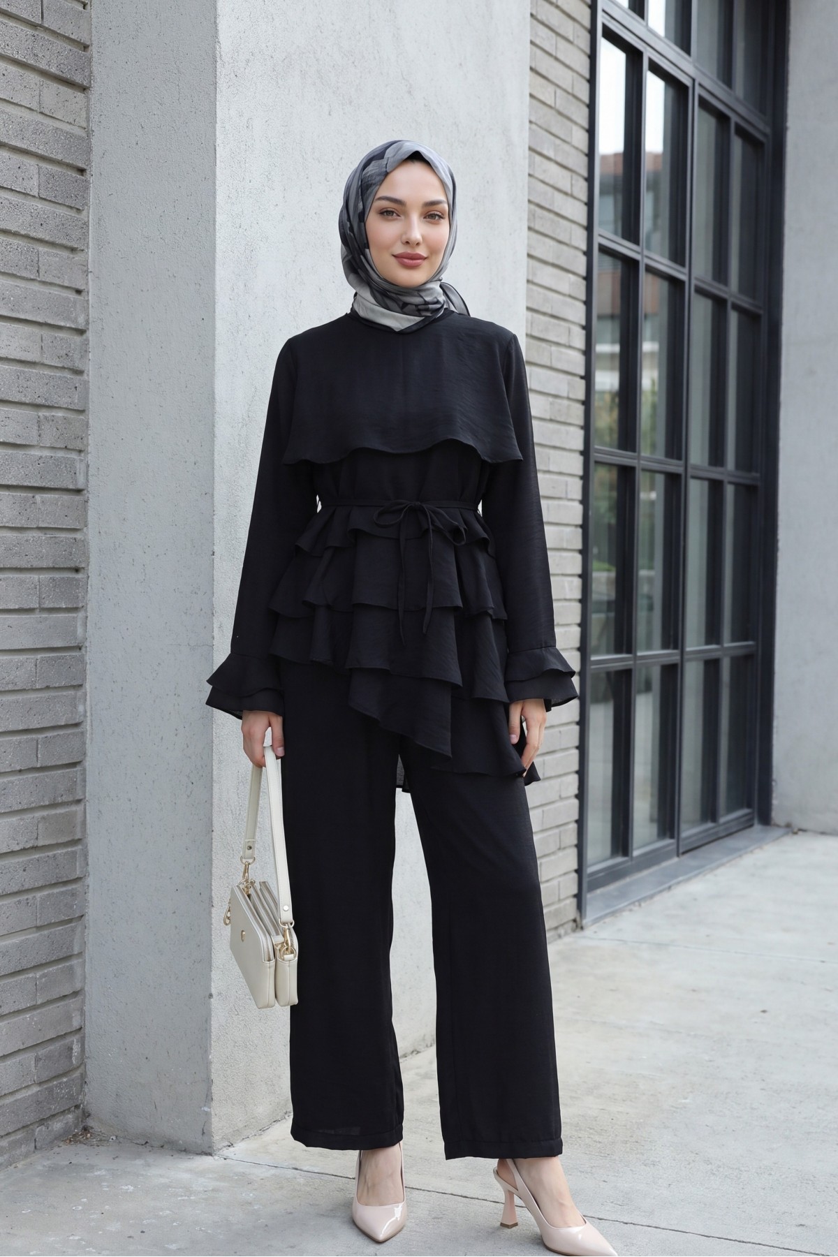 Asymmetrical Layered Detail Lace-Up Trousers Lined Cupra Set -Black