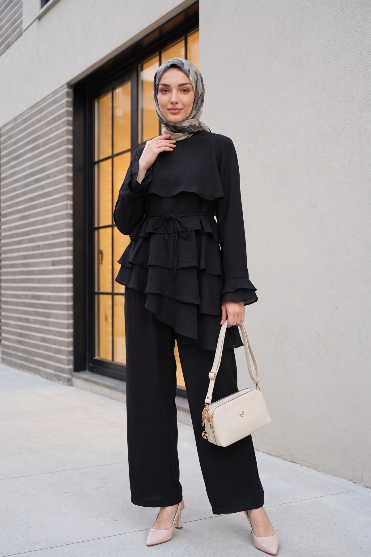 Asymmetrical Layered Detail Lace-Up Trousers Lined Cupra Set -Black