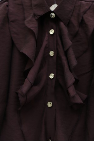 Strawberry-themed set with ruffled front, elasticated sleeves, and lined skirt. -Damson