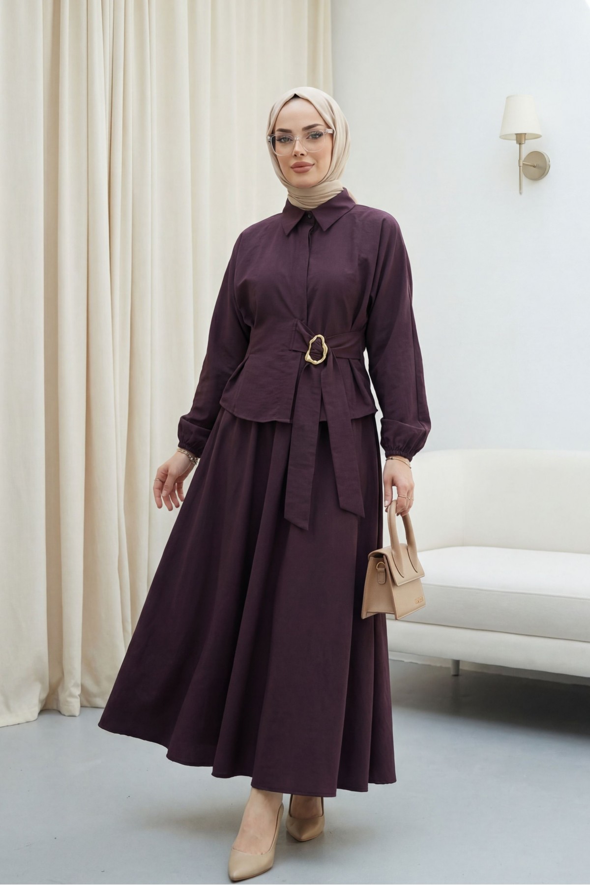 Cupra Suit with Elasticated Sleeves, Side Tie Closure, and Concealed Buttons -Dark Bordo