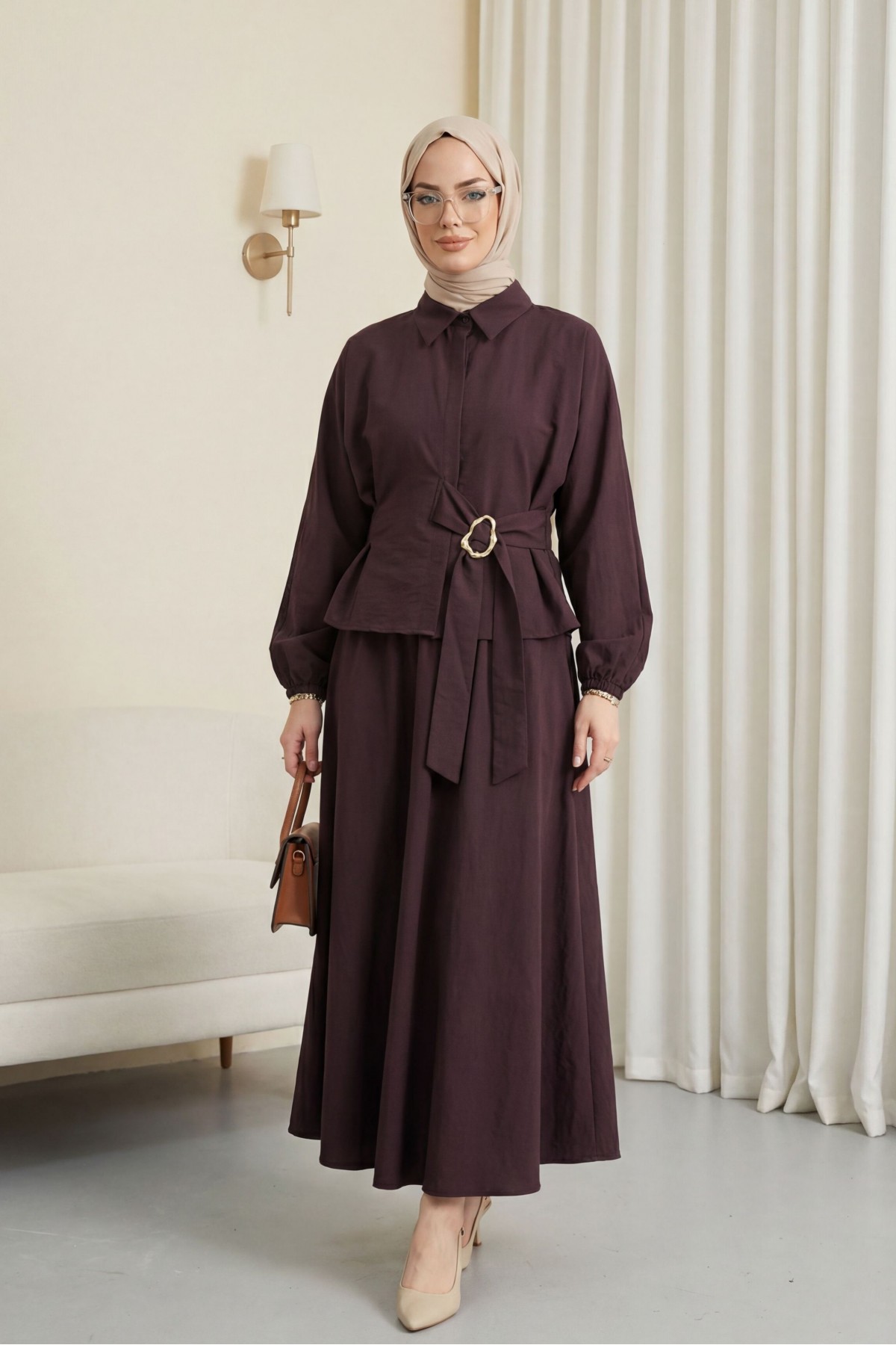 Cupra Suit with Elasticated Sleeves, Side Tie Closure, and Concealed Buttons -Dark Bordo
