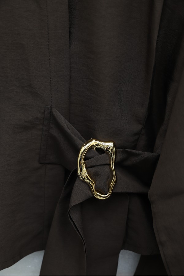 Cupra Suit with Elasticated Sleeves, Side Tie Closure, and Concealed Buttons -Brown