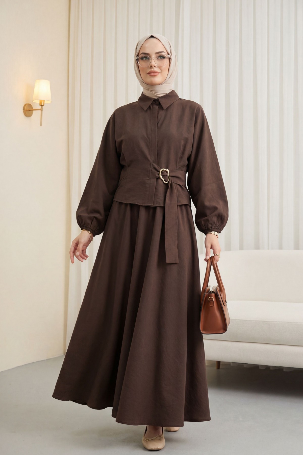 Cupra Suit with Elasticated Sleeves, Side Tie Closure, and Concealed Buttons -Brown