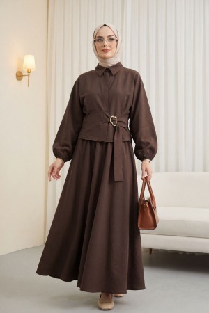 Kolu Lastikli Yandan Bağlamalı Gizli Düğmeli Cupra Takım  -Kahve