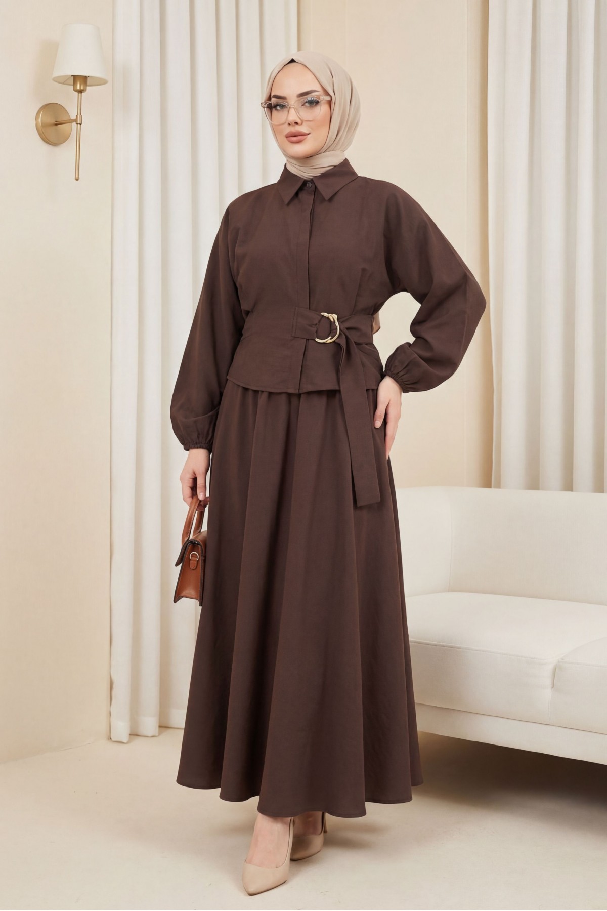 Cupra Suit with Elasticated Sleeves, Side Tie Closure, and Concealed Buttons -Brown