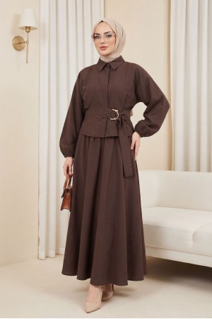 Cupra Suit with Elasticated Sleeves, Side Tie Closure, and Concealed Buttons -Brown