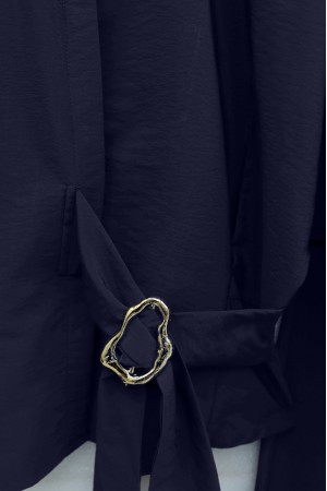 Cupra Suit with Elasticated Sleeves, Side Tie Closure, and Concealed Buttons -Navy blue