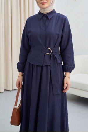 Cupra Suit with Elasticated Sleeves, Side Tie Closure, and Concealed Buttons -Navy blue