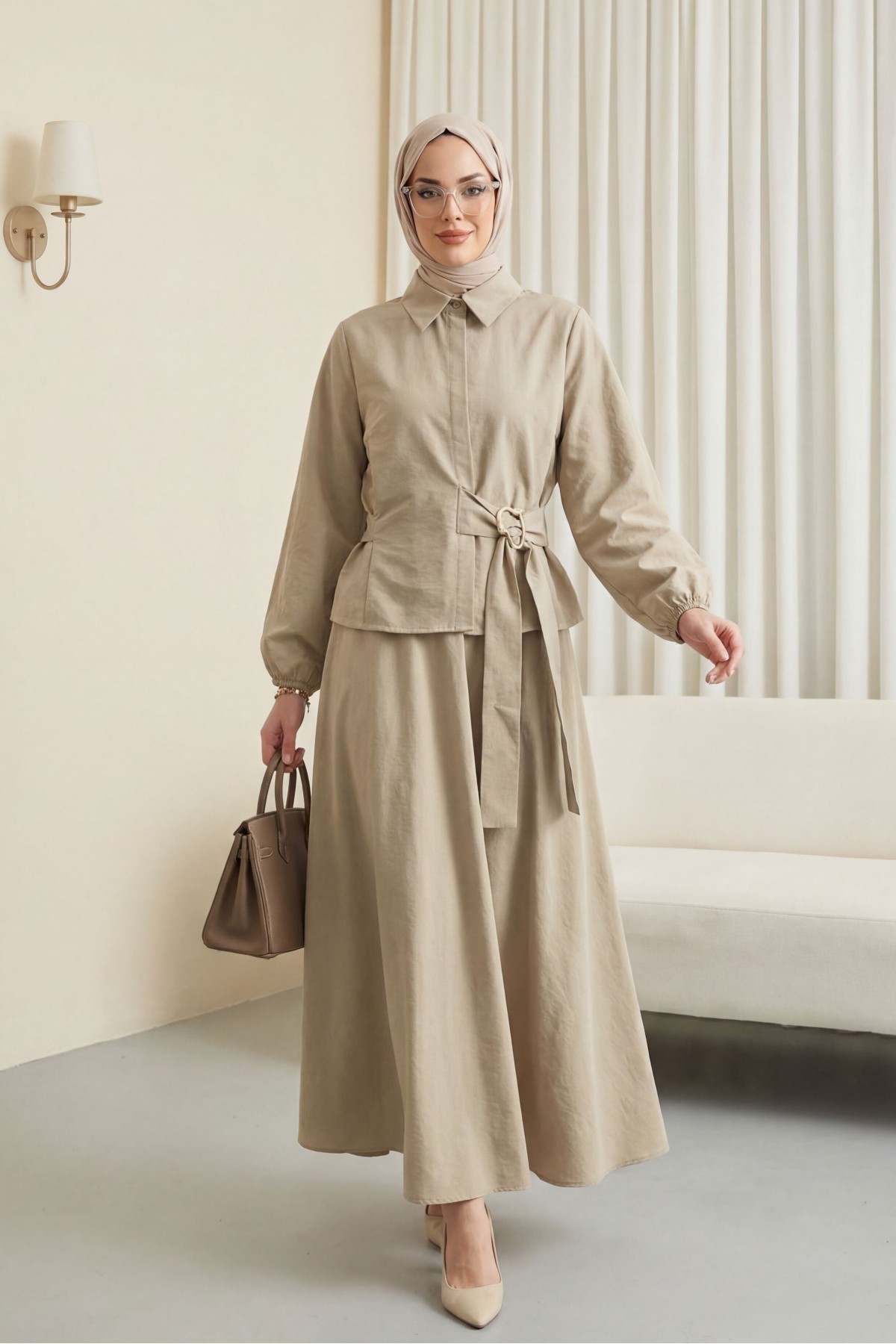 Cupra Suit with Elasticated Sleeves, Side Tie Closure, and Concealed Buttons -Stone