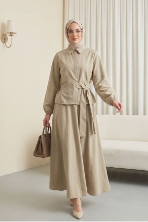 Kolu Lastikli Yandan Bağlamalı Gizli Düğmeli Cupra Takım  -Taş