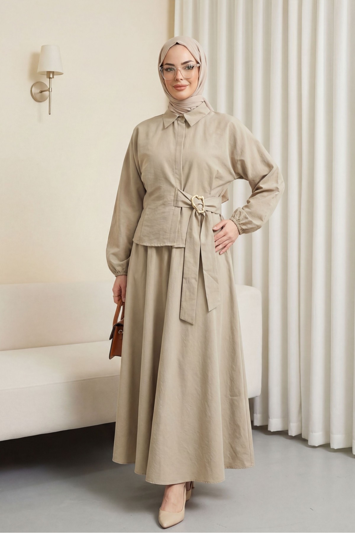 Cupra Suit with Elasticated Sleeves, Side Tie Closure, and Concealed Buttons -Stone