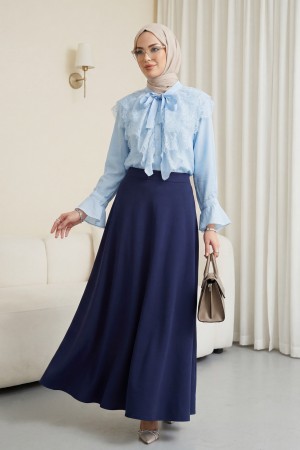 Yakası Bağcıklı Fırfırlı Dantel Detaylı Arkası Uzun Cupra Gömlek  -Bebe Mavi