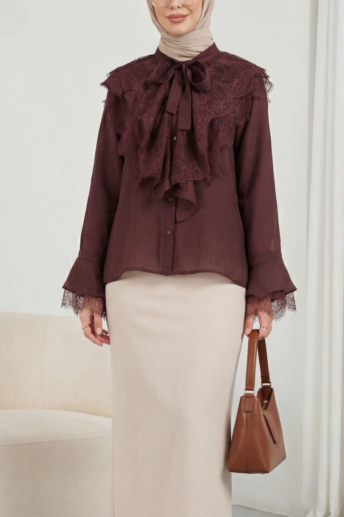 Long Back Cupra Shirt with Lace Detail and Lace Neckline -Damson