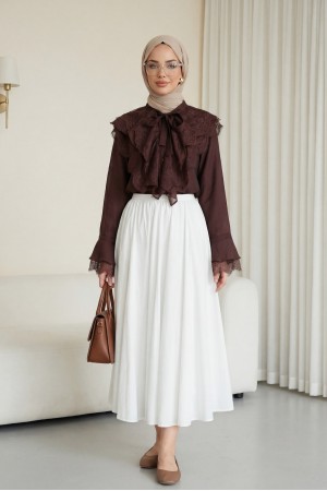 Long Back Cupra Shirt with Lace Detail and Lace Neckline -Damson