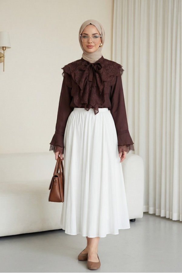 Long Back Cupra Shirt with Lace Detail and Lace Neckline -Damson