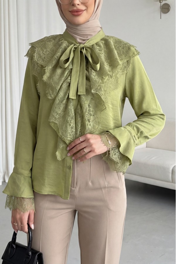 Long Back Cupra Shirt with Lace Detail and Lace Neckline -Oil Green