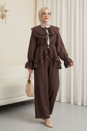Önü Bağcıklı Kat Yakalı Kolu Lastikli Pantolonu Astarlı Cupra Takım  -Kahve