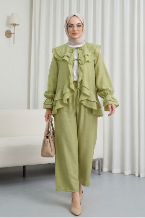 Cupra Suit with Lace-Up Front, Folded Collar, Elasticated Cuffs, and Lined Trousers -Oil Green