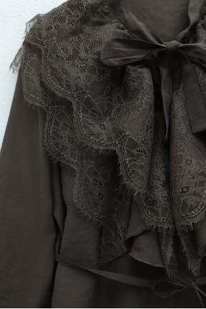 Cupra Suit with Tie Collar, Lace Trim, Ruffles, Belt, and Lined Trousers -Brown
