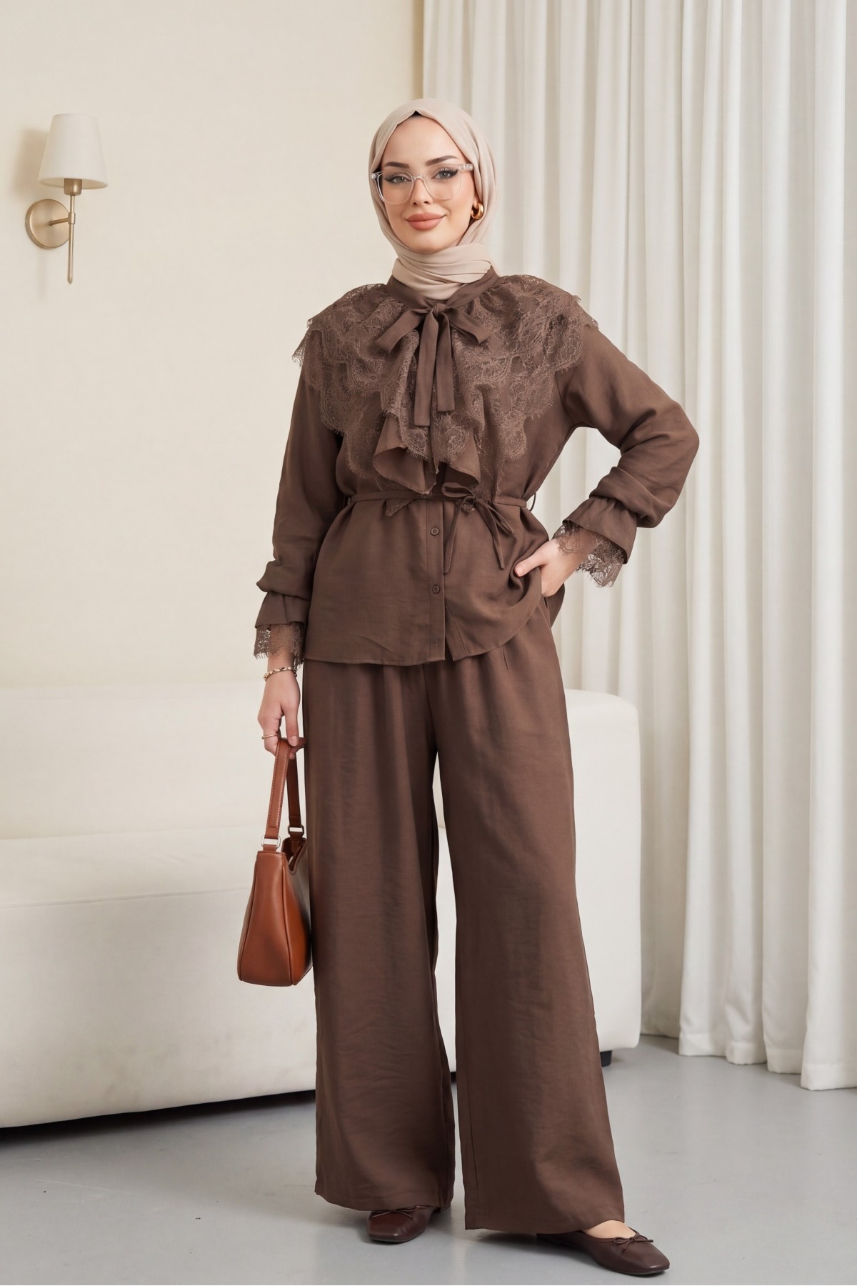 Cupra Suit with Tie Collar, Lace Trim, Ruffles, Belt, and Lined Trousers -Brown