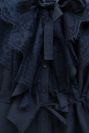 Cupra Suit with Tie Collar, Lace Trim, Ruffles, Belt, and Lined Trousers -Navy blue