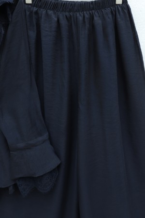 Cupra Suit with Tie Collar, Lace Trim, Ruffles, Belt, and Lined Trousers -Navy blue