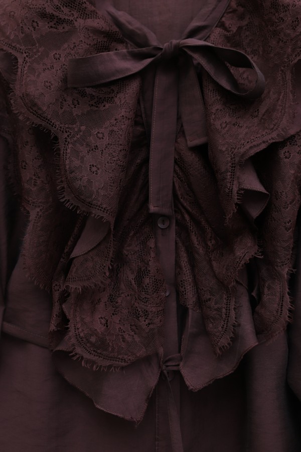 Cupra Suit with Tie Collar, Lace Trim, Ruffles, Belt, and Lined Trousers -Damson